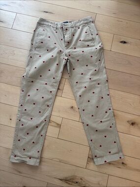 J crew Khaki Heart-Print Chino Pants with Red Hearts